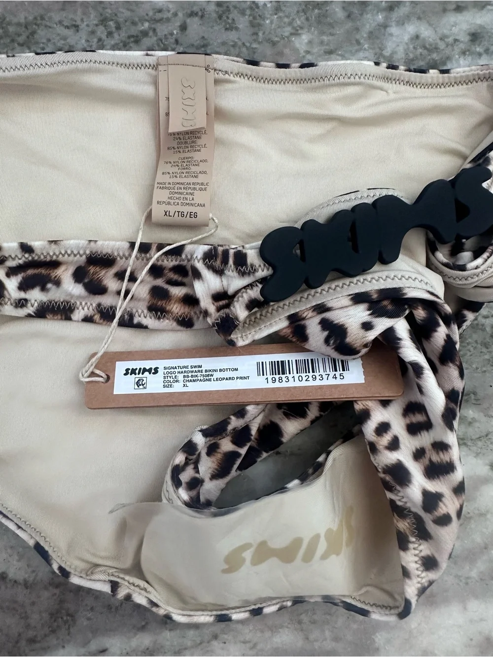 Skims champagne leopard print signature swim logo hardware bikini bottom XL nwt